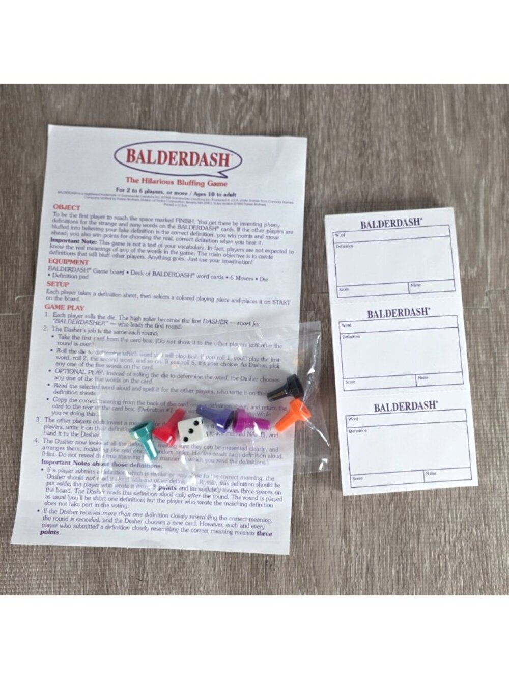 Vintage 1995 Balderdash Board Game Parker Brothers Replacement Pieces ONLY